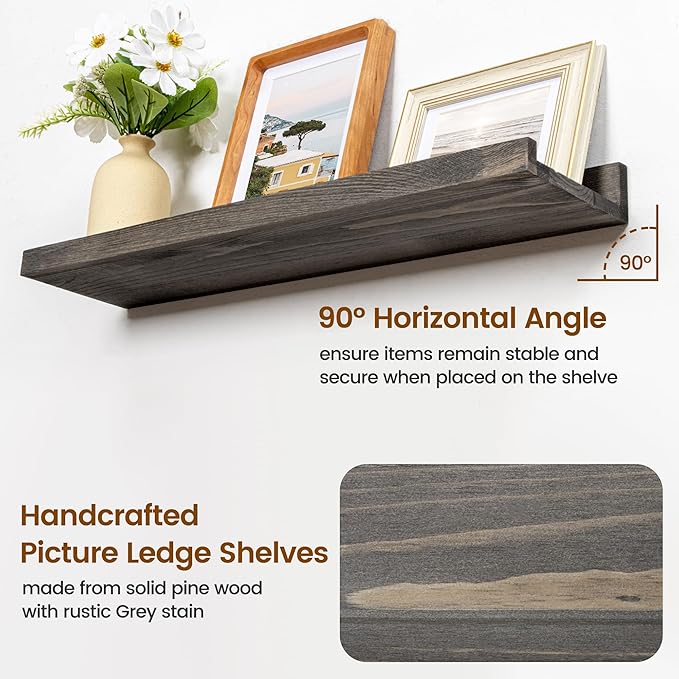 24 Inches Floating Shelves for Wall, Solid Pine Wood Picture Ledge Shelves, Wall Shelves with Lips, Nursery Book Shelves for Toys Storage Living Room Bedroom Photo Frames (2 Pcs, Grey)