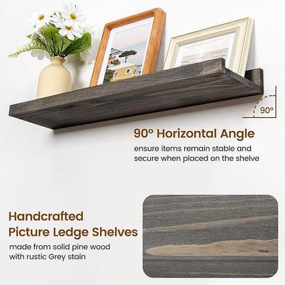 24 Inches Floating Shelves for Wall, Solid Pine Wood Picture Ledge Shelves, Wall Shelves with Lips, Nursery Book Shelves for Toys Storage Living Room Bedroom Photo Frames (2 Pcs, Grey)