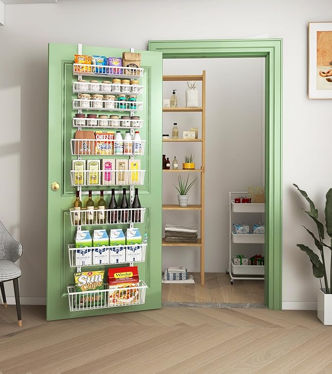 White 9-Tier Over The Door Pantry Organizer, Pantry Organization and Storage, Deep Baskets Hanging Heavy-Duty Metal, Wall Spice Rack Seasoning Shelves for Home & Kitchen, Laundry Room Bathroom