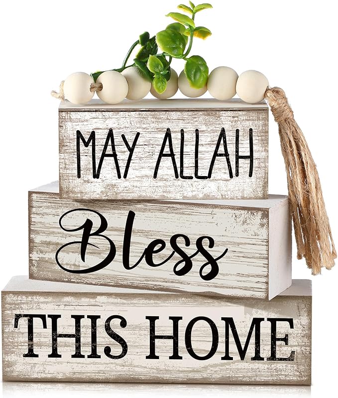 5 Pcs Islamic Table Decor Farmhouse Eid Ramadan Tiered Tray Decor White Stacked Books with Wood Bead Tassels Eucalyptus Leaves Eid Ramadan Block Signs Islamic Decoration for Home Kitchen