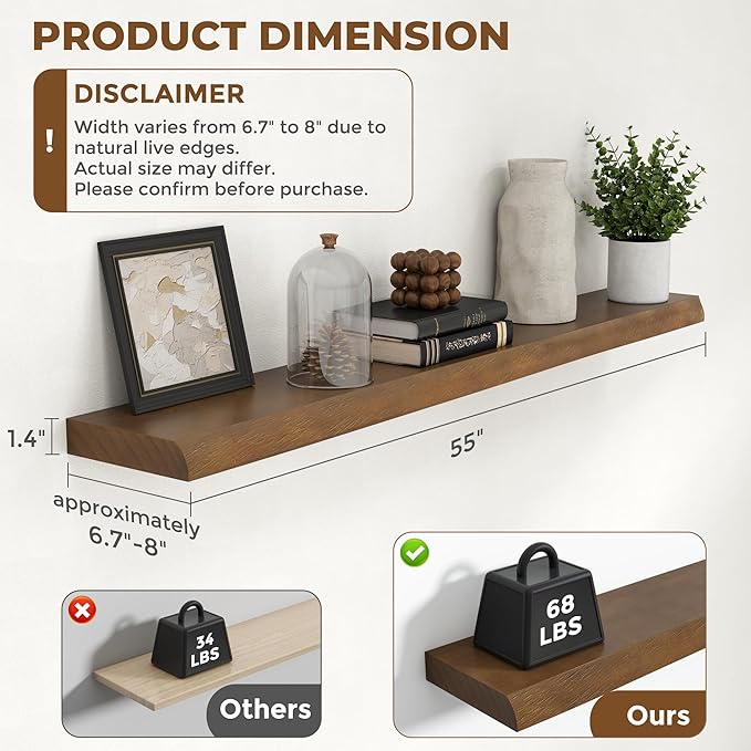RICHFOCUS Live Edge Wood Floating Shelves 55