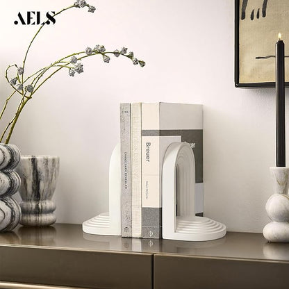 AELS Mordern Bookends, Mid Century Arch Heavy Duty Book Ends, Unique Decorative Bookend Supports for Shelves, Office Desktop Book Stand, Stopper for Books/Movies/CD, Cream