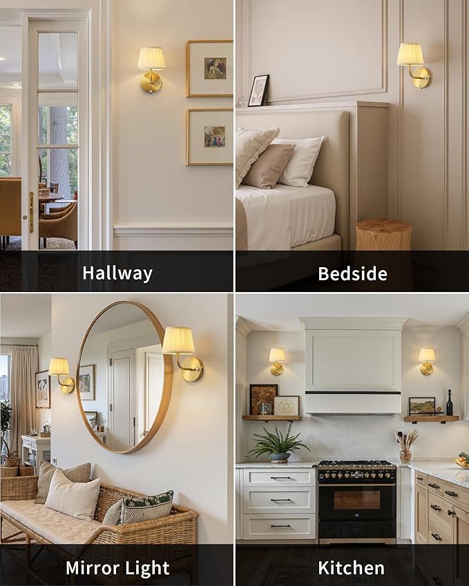 PUSU Motion Sensor Gold H9.6 inch Small Wall Sconces Set of 2, LED Cordless Rechargeable 5200mAh Battery Operated Fabric Wall Lamps with Remote, Lighting for Living Room, Bedroom, Hallway, Stairs