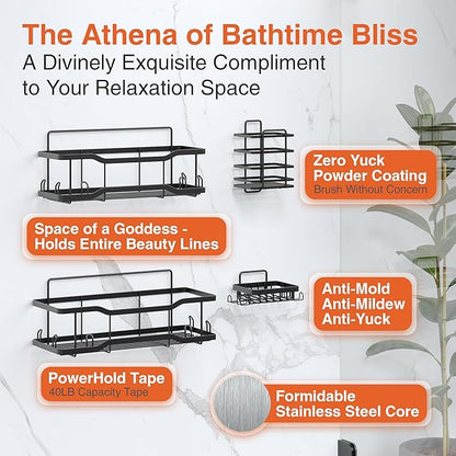 Shower Caddy Bathroom Shelves, The Athena Silken 4 Set, 40LB Capacity, Adhesive Tape No Drill - Rustproof -Gorgeous Powder Coated 304 Stainless Steel Shower Organizer for kitchen & Home Decor - Black