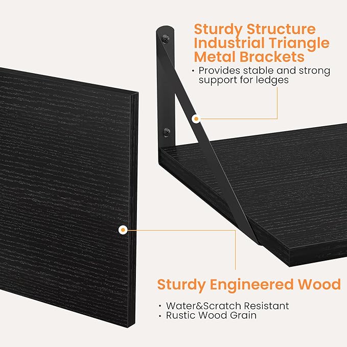 Heimlove Black Deep Floating Shelves for Wall, 16W x 12D Wood Wall Shelves Set of 2, Wide Floating Bookshelf for Living Room, Kitchen, Office, Bedroom and Decor Storage, with Metal Bracket - Black