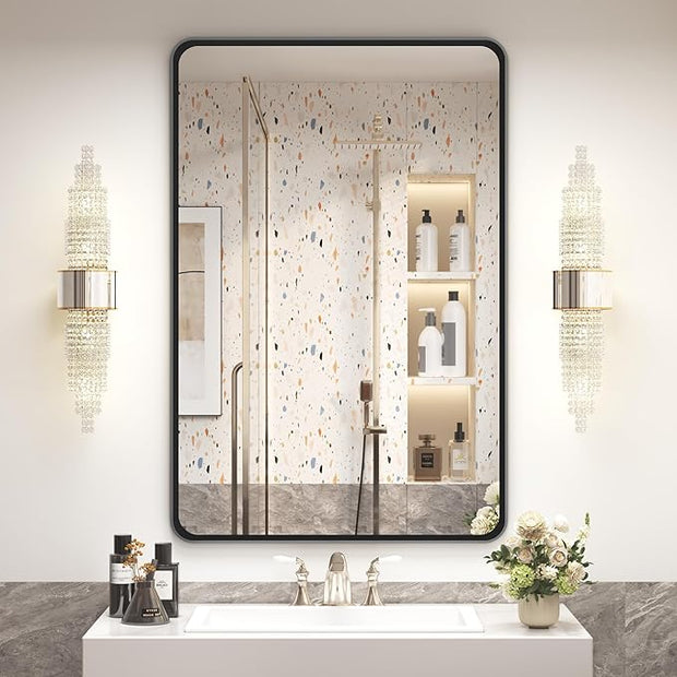 OKPAL 24X36 Inch Black Metal Framed Bathroom Mirror for Wall, Matte Black Rounded Rectangle Mirror Framhouse, Black Bathroom Vanity Mirror with Anti-Rust (Horizontal/Vertical)