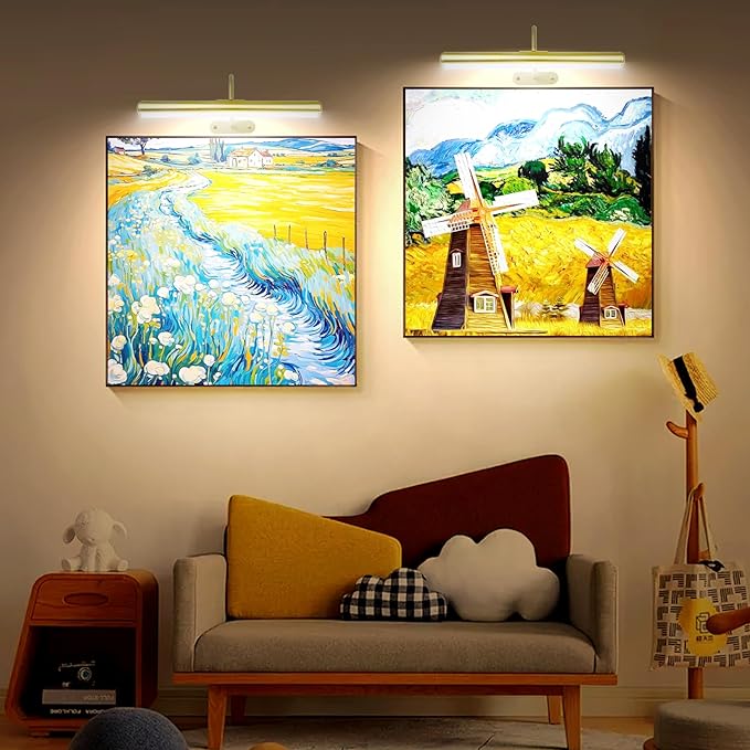 2Pack-Picture Light for Wall Artwork Rechargeable 5000mAh Painting Light with Controller, WARM/NATURE/COOL Colors,Dimmable 400LM Full Metal Wall Sconces Lamp Led for Picture Portrait Gallery-Gold