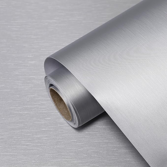 Stainless Steel Contact Paper 15.7"x 196" Silver Stainless Steel Contact Papers Peel and Stick Countertop Self Adhesive Thick Texture Vinyl Waterproof Wallpaper for Fridge Kitchen Cabinets