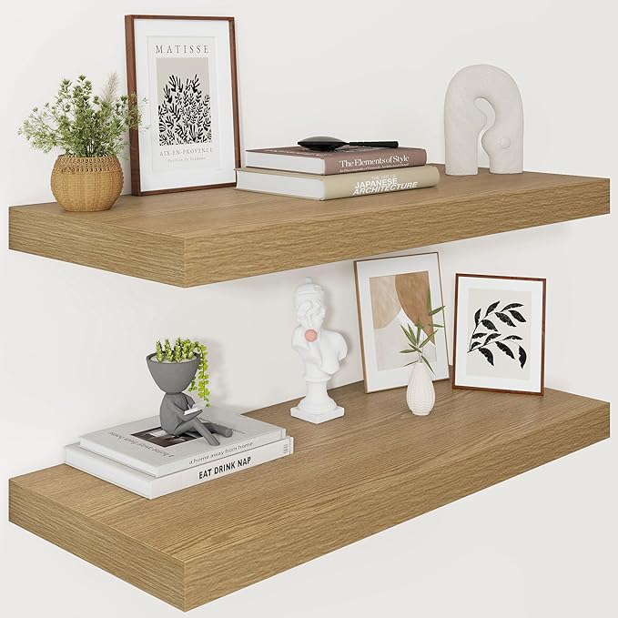 Vivelove 12 Inch Deep Floating Shelves 30 inch Long, 2 Inch Thick Wall Shelves with Invisible Brackets, Shelf for Bedroom Bathroom Living Room Kitchen Office Home Decor, Modern Shelf Set of 2, Oak