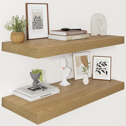 Vivelove 12 Inch Deep Floating Shelves 30 inch Long, 2 Inch Thick Wall Shelves with Invisible Brackets, Shelf for Bedroom Bathroom Living Room Kitchen Office Home Decor, Modern Shelf Set of 2, Oak