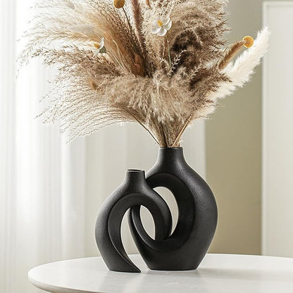 Snuggle Hollow Modern Ceramic Vase Set of 2, Mid Century Nordic Aesthetic Decorative Vase Decorative Vases for Home Table Decor (Matte Black W 6.3" X H 8.4")