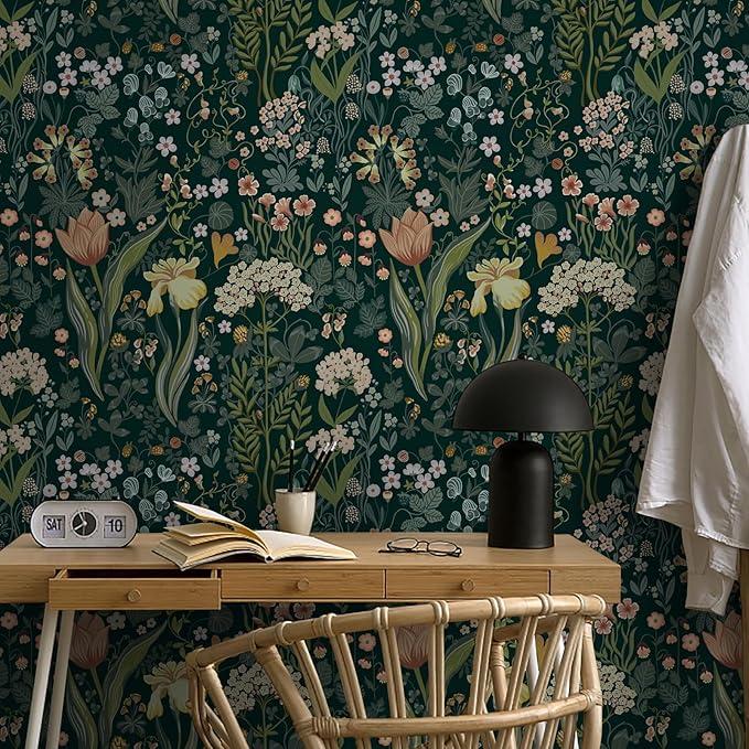 Peel and Stick Wallpaper Vintage Wall Paper Green Floral Contact Paper Removable Wallpaper 17.3"x118" Leaf Flower Self Adhesive for Bedroom Drawer Decor Vinyl Rolls