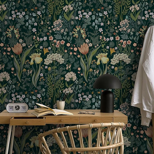 Peel and Stick Wallpaper Vintage Wall Paper Green Floral Contact Paper Removable Wallpaper 17.3"x118" Leaf Flower Self Adhesive for Bedroom Drawer Decor Vinyl Rolls