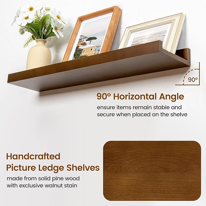 Picture Ledge Wall Shelves - Set of 3, 56 inches Width, Solid Pine Wood Rustic Floating Ledge Shelves for Kids' Room, Bedroom, Kitchen, Bathroom, Walnut