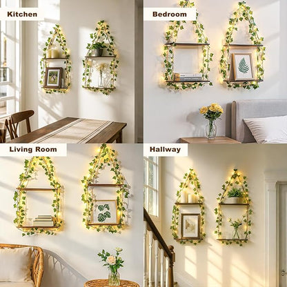 Artilady 2 Pack Artificial Ivy Macrame Hanging Shelves with Lights Boho Wall Decor, 2 Tier Wood Flaoting Shelf Plant Storage Rack for Bedroom Bathroom Living Room Nursery