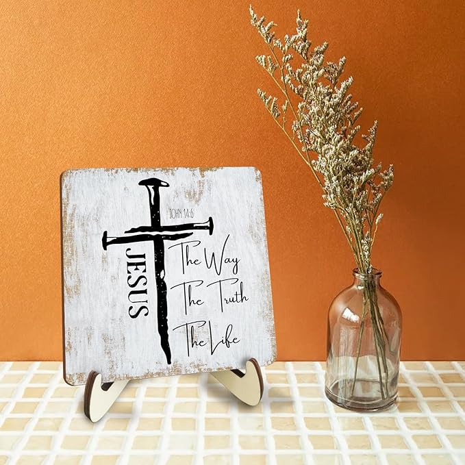 Inspirational Sign Rustic Desk Decor Decorative Christian Gifts Religious Bible Verse Motivational Decoration for Home Living Room Restaurant Office Table Shelf Tiered Tray Plaque with Wood Stand