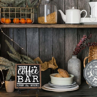 Farmhouse Coffee Bar Decor, Open Time Wooden Signs for Home Office Desk Shelf, Rustic Tabletop Centerpieces for Kitchen Accessories - A05