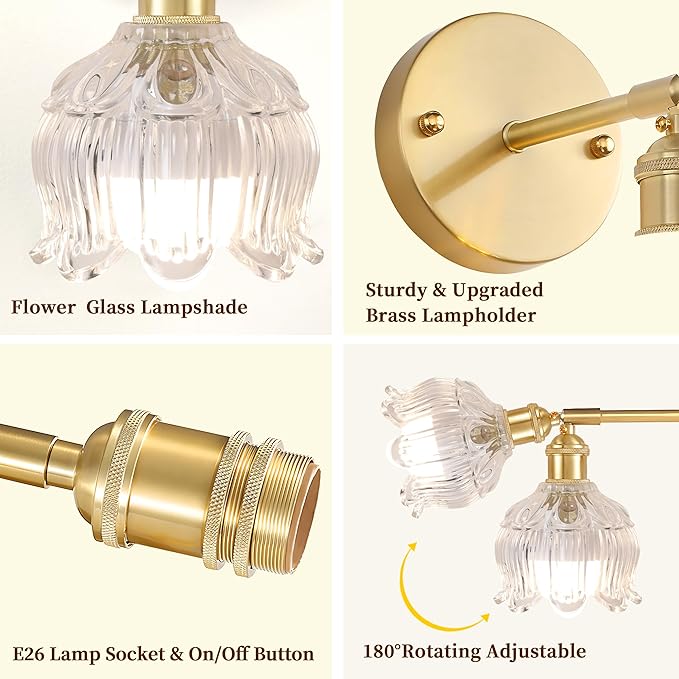 Vintage Battery Wall Sconce with Flower lampshade,Rechargeable Battery Powered Wall Lights,Wall lamp with 15 Colors for Bedroom Living Room Home Decor (Flower Clear, 2 Light Battery Operated)