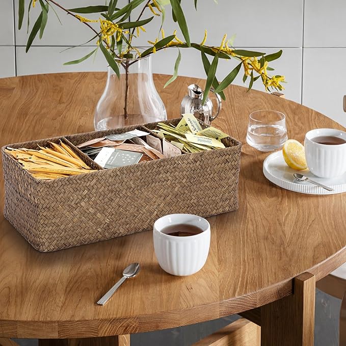 ELLDOO Coffee Pod Holder, Large Capacity Coffee Pod Organizer for K Cup Nespresso Pods, Hand-Woven Seagrass Storage Basket, 3-Section Wicker Baskets for Shelves Closets, Coffee
