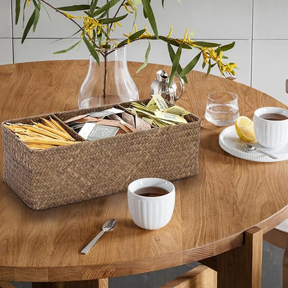 ELLDOO Coffee Pod Holder, Large Capacity Coffee Pod Organizer for K Cup Nespresso Pods, Hand-Woven Seagrass Storage Basket, 3-Section Wicker Baskets for Shelves Closets, Coffee