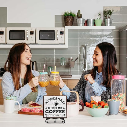 Coffee Bar Decor, Farmhouse Kitchen Table Decor, Coffee Station Accessories, Wooden Decorative Sign with Iron Stand for Table Desk Shelf Display-E15