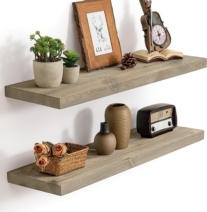 Marsmiles 30 Inch Floating Shelves | 9.3 Inch Deep Grey Wood Wall Shelves Set of 2 | Rustic Reclaimed Wood Shelves for Room Wall | Farmhouse Floating Shelves for Living Room Bathroom