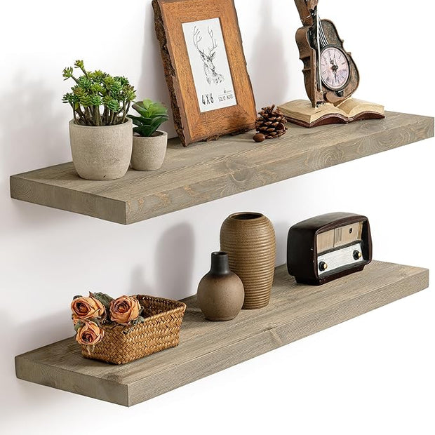Marsmiles 30 Inch Floating Shelves | 9.3 Inch Deep Grey Wood Wall Shelves Set of 2 | Rustic Reclaimed Wood Shelves for Room Wall | Farmhouse Floating Shelves for Living Room Bathroom