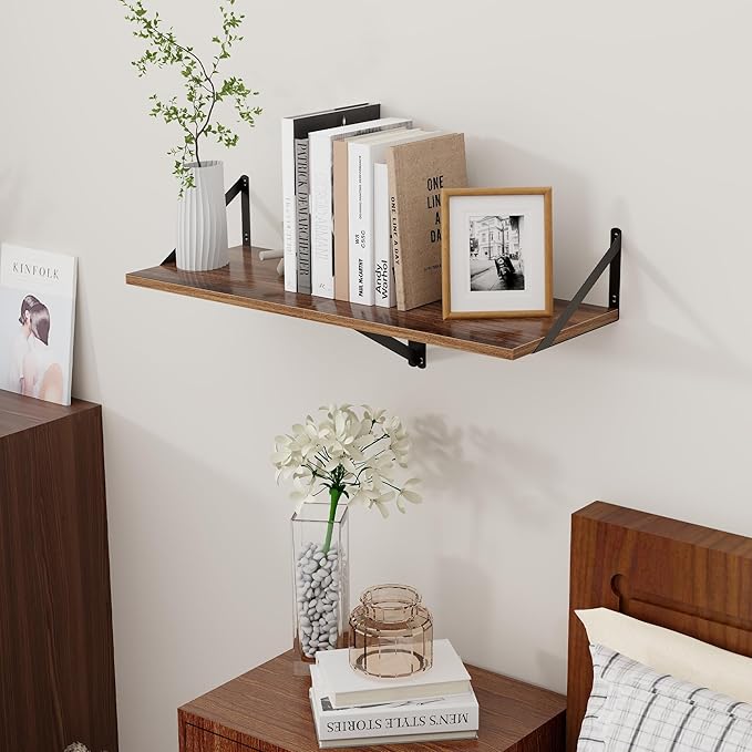 Axeman Deep Floating Shelves - 16 Inch Wide x 12 Inch Deep Walnut Wall Shelves Set of 2 - Rustic Wide Wood Wall Mounted Shelves for Room Decor & Storage