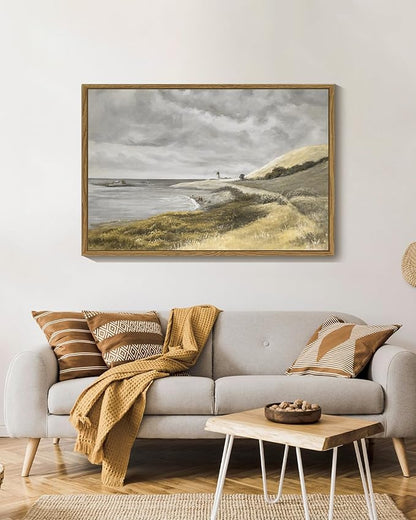SHENIFY 24x36in Large Coastal Framed Canvas Wall Art Vintage Landscape Seascape Classic Hallway Bedroom Living Room Decor - Natural Framed