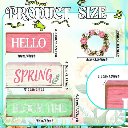 Spring Decoration Wooden Tiered Tray Decor – Rustic Hello Spring Bloom Time Stacked Block Sign with Floral Wreath Topper – Farmhouse Tabletop Spring Decor for Living Room Shelf Kitchen Coffee Bar Entryway Seasonal Home Display