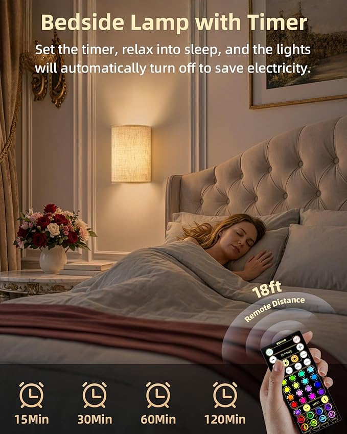 EZVALO Battery Operated Wall Sconce, Rechargeable Wall Sconces Set of Two with Remote, 3 Color & 80 RGB Wireless Wall Lights, Dimmable, Timer, Fabric Linen Shade Wall Decor for Bedroom, Living Room