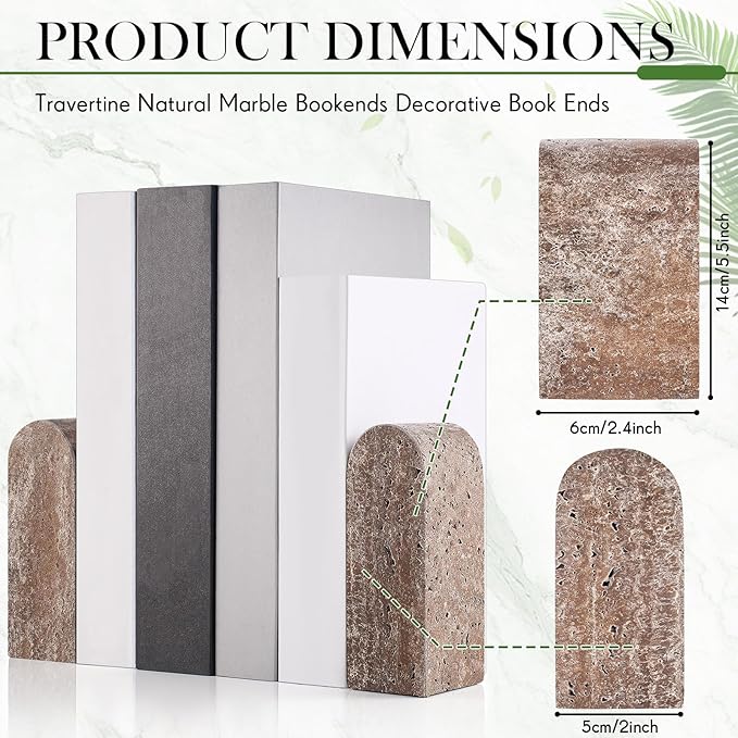 2 Pcs Travertine Natural Marble Bookends for Shelves, Decorative Book Ends Solid Bookends Heavy Duty Book Holders, Bookshelf Decor for Home Study Bathroom Kitchen Cd Video Games (Grey)