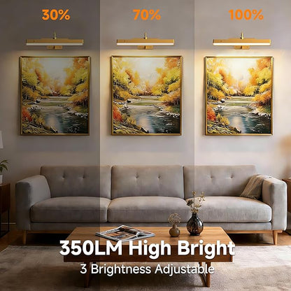 Gallery Picture Light for Wall, 4400mAh Brass Cordless Wireless LED Wall Sconce,Rechargeable Remote Dimmable Lighting for Modern Hallway Living Room Wall Decor(12 in, 2 Pack)