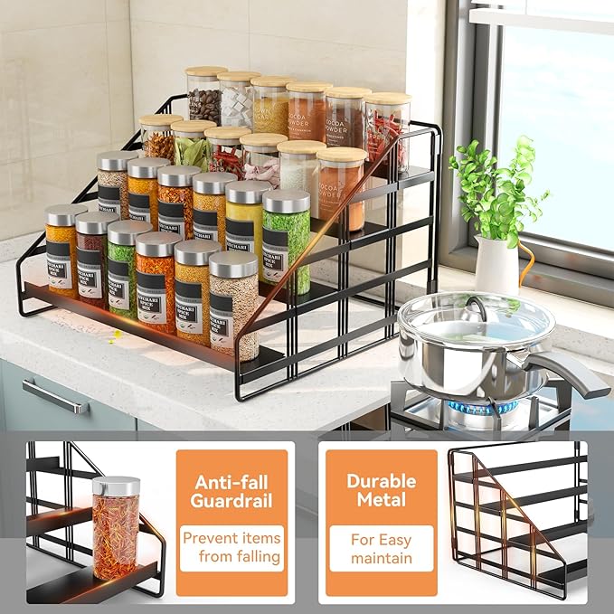 Spice Rack 4 Tier Kitchen Cabinet Organizer,Countertop Spice Rack,Tier Depth Adjustable Cabinet Shelf,Step Spice Organization Easy Visibility,Holds Seasoning and Condiments