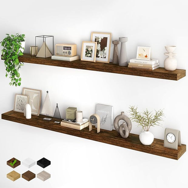 Fun Memories 72Inch Floating Shelves,Wall Mounted Rustic Wood Floating Shelf with Invisible Brackets for Storage & Decor,2 Pack Shelves for Bathroom,Bedroom and Kitchen,Brown