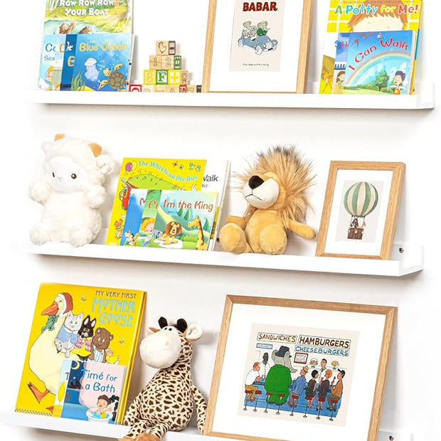 Picture Ledge Shelf for Wall, 36 inches Solid Pine Wood Nursery Book Shelves 3 Packs, Floating Ledge Shelves for Kids' Room Bedroom Bathroom Living Room Photo Frames Office Nursey Wall Decor, White