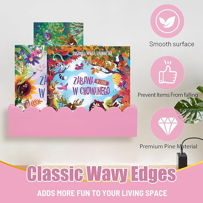 Wood Floating Shelves for Wall,Nursery Bookshelf,Kids Book Shelf,Baby Toys Storage Decor Organizer Wall Mounted for Living Room Bedroom,Wavy Edge,Preassembled,4 Pack,Scalloped Pine(Pink)