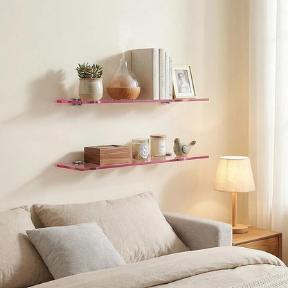 iobiotio Cute Pink Floating Shelves, 15 x 4'' Arylic Shelves for Wall, Decorative Clear Floating Shelves for Gril's Room, Bathroom, Wall Mounted, 2 Pcs