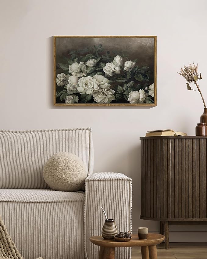 SHENIFY 16x24in Large Vintage Landscape Framed Canvas Wall Art Rose Flower Classic Wall Prints Modern Kitchen Bathroom Office Decor - Natural Framed