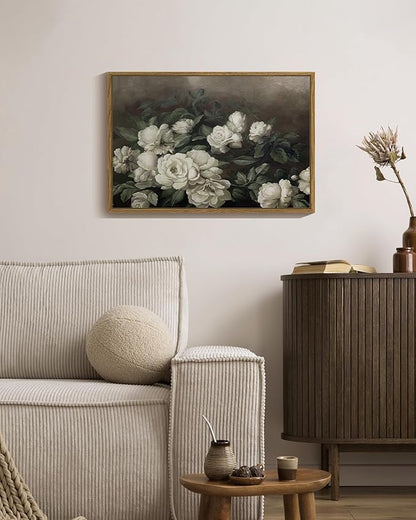 SHENIFY 16x24in Large Vintage Landscape Framed Canvas Wall Art Rose Flower Classic Wall Prints Modern Kitchen Bathroom Office Decor - Natural Framed