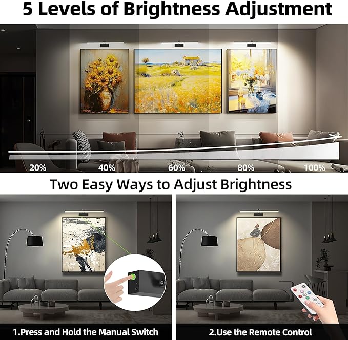 4 Pack Picture Lights for Wall, 23in Art Lighting for Paintings Cordless, 6400mAh Rechargeable Battery Operated Picture Light with Remote Dimmable and Timer for Artwork, Gallery, Display, Black