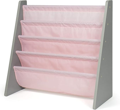 Humble Crew 4-Tier Kids Bookshelf, Grey Wood/Pink - Premium Book Shelf for Kids Rooms with Four Deep Pockets - Toddler Sling Book Rack with Deep Sleeves, Nursery Bookcase Organizer