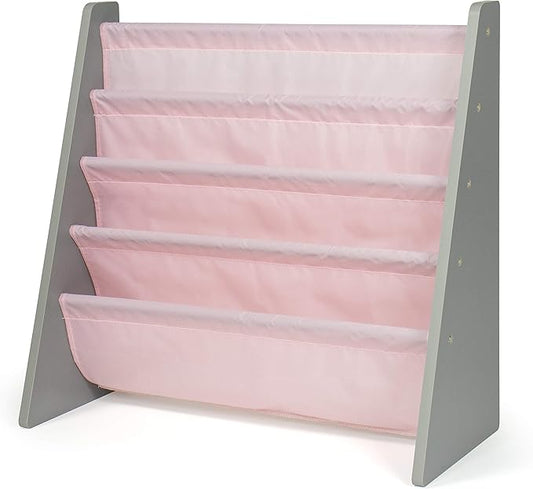 Humble Crew 4-Tier Kids Bookshelf, Grey Wood/Pink - Premium Book Shelf for Kids Rooms with Four Deep Pockets - Toddler Sling Book Rack with Deep Sleeves, Nursery Bookcase Organizer