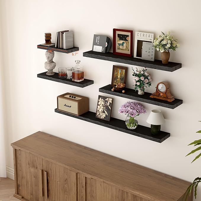BGMG Wood Floating Shelves 18 inch,Black Floating Shelves,Solid Wood Wall Shelves for Bathroom Living Room Bedroom Kitchen Farmhouse Set of 2-18x 6.7 x1.25 inch