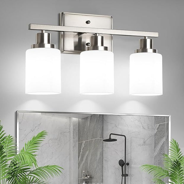 Ascher Bathroom Light Fixtures, 3-Light Vanity Light Over Mirror, Modern Brushed Nickel Wall Sconces with Milky White Shades, Wall Lamp for Kitchen Hallway Cabinet Porch E26 Base
