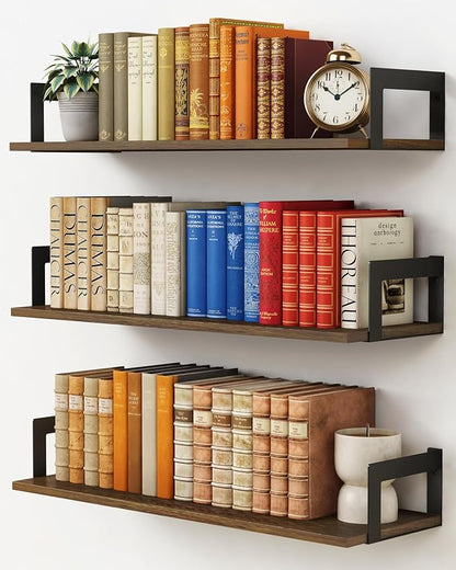 Floating Book Shelves for Wall 3-Pack, 24 Inch Long Wall Mount Bookshelf for Bedroom, Rustic Farmhouse Wood Hanging Bookshelves for Living Room Office Books Plants (Dark Brown)