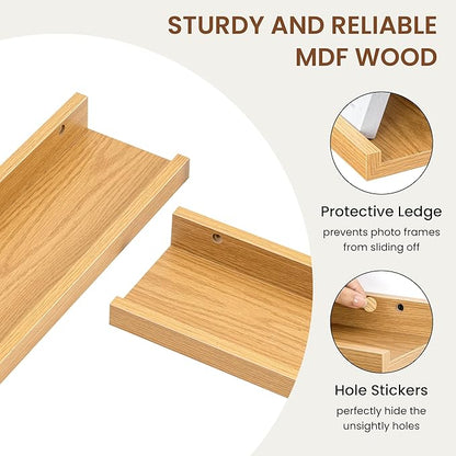 Heimlove Picture Ledge Shelf,24 inch Long Floating Shelves for Wall Set of 2,Picture Shelf with Lip for Wall Decor,Living Room,Bedroom,Bookshelf,Nursery,Perfume,Oak Color