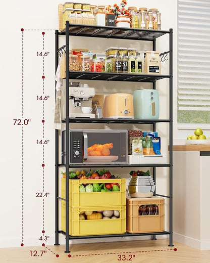 Storage Shelves - 5-Tier Spacious Shelf Organizer with Hooks & Leveling Feet, Easy to Assemble, Rust-Resistant Garage Shelving for Kitchen, Pantry, Bedroom, 33.2" x 12.7" x 71.7", Black