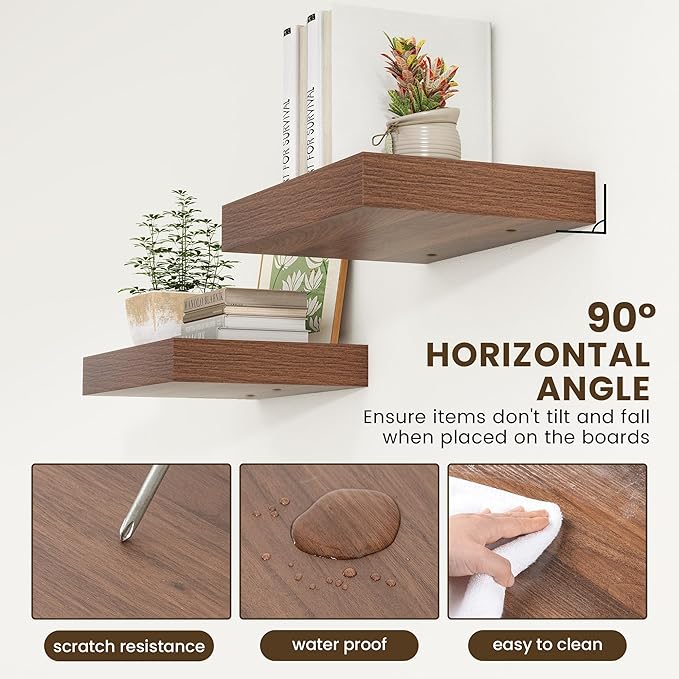 Deep Floating Shelves | 16 Inch Walnut Floating Shelves Set of 2 | 12 Inch Deep Rustic Wood Shelves for Wall | Walnut Shelves for Living Room Bathroom Kitchen Bedroom