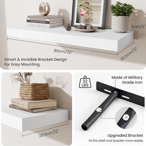 Fun Memories 32 x 12 Floating Shelves Wall-Mounted - Rustic Wood Shelf - 12 Inch Deep Floating Shelves for Wall - Large Storage Shelf for Bathroom - Kitchen & Bedroom - White - Set of 2